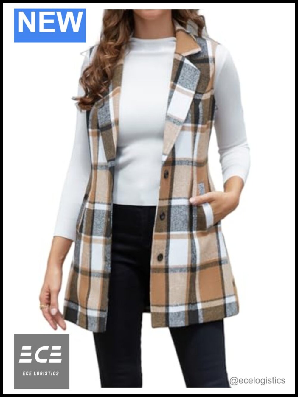 Wool Blend Plaid Vest Sleeveless Blazer Jacket Fall Winter